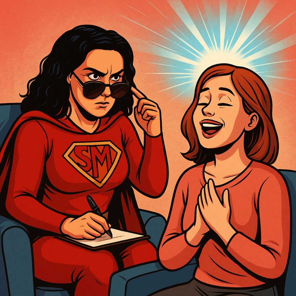 con-una-sesion-ya-me-sentire-mejor-supermarta Ilustración de psicóloga como superheroína ayudando a una paciente a sentirse mejor tras una sesión