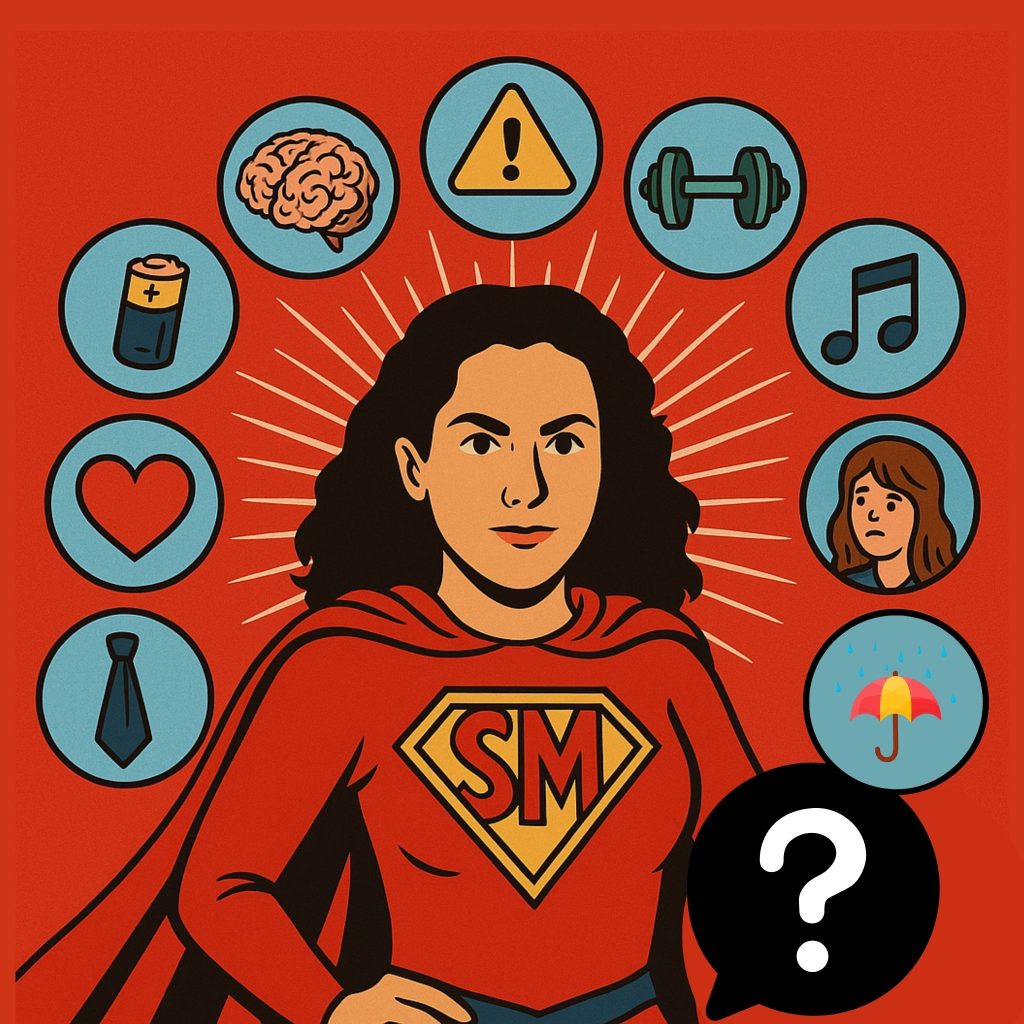 cualquier-psicologo-puede-ayudar-en-cualquier-cosa Ilustración de psicóloga rodeada de diferentes ámbitos como trabajo, emociones o salud, desmintiendo el mito de que cualquier psicólogo sirve para todo