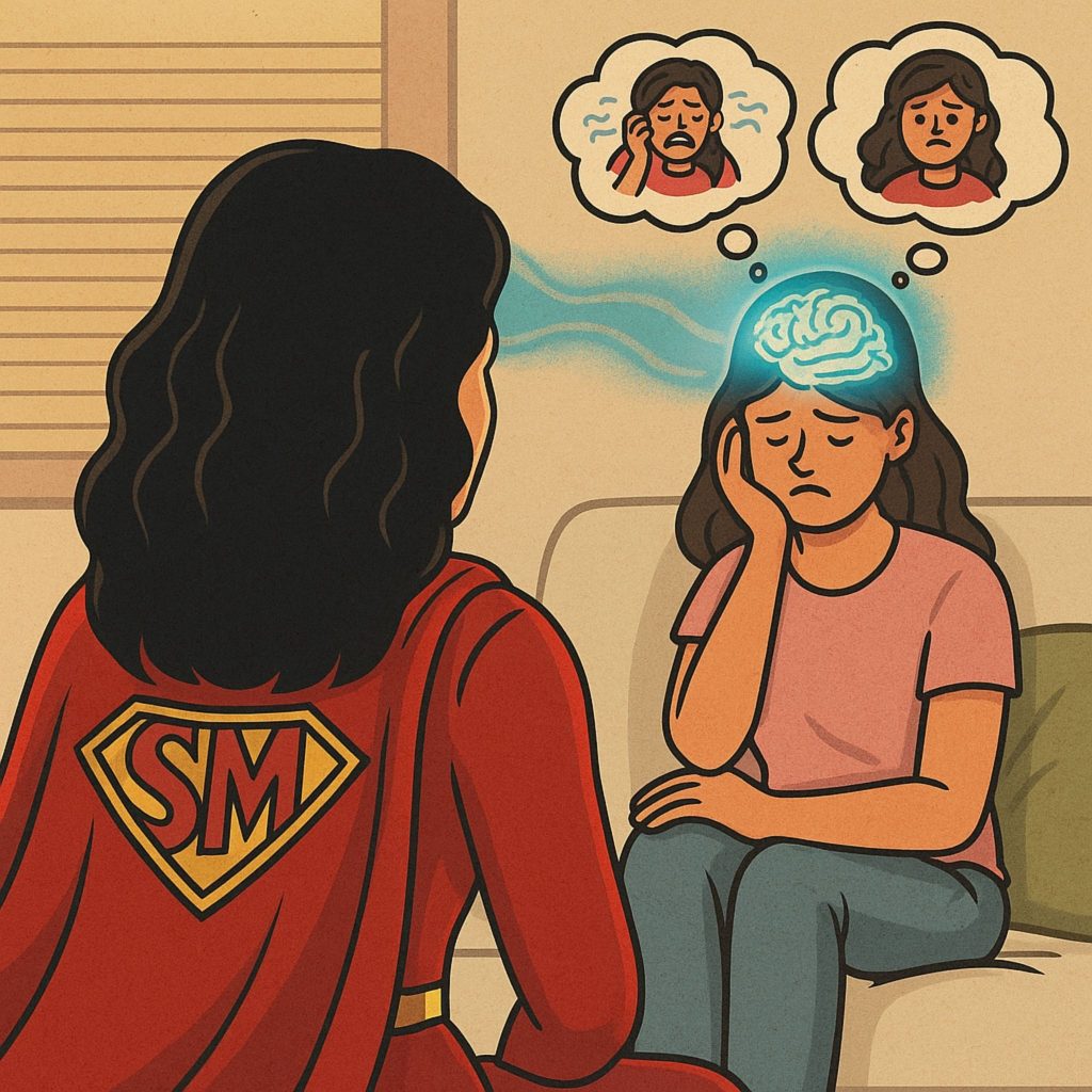 leer-la-mente-psicologia Ilustración de paciente con pensamientos visibles, representando el mito de que los psicólogos leen la mente