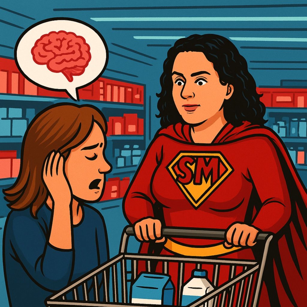 psicologa-ayuda-cotidiana-fuera-de-consulta Ilustración de psicóloga ayudando a una persona en un supermercado