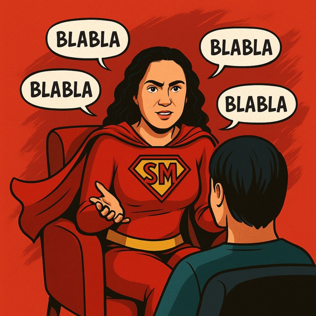 psicologos-solo-hablan Ilustración de psicóloga hablando con un paciente, rompiendo el mito de que la terapia es solo conversación vacía